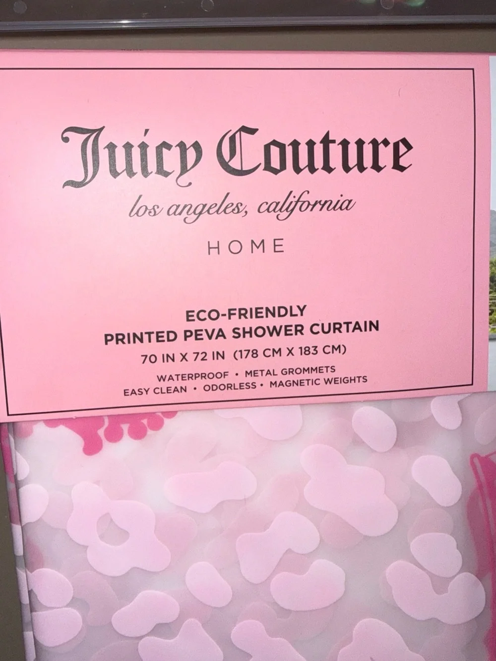 Juicy Couture pink shower curtain with white pink crown graphic #juicy #bathroom
